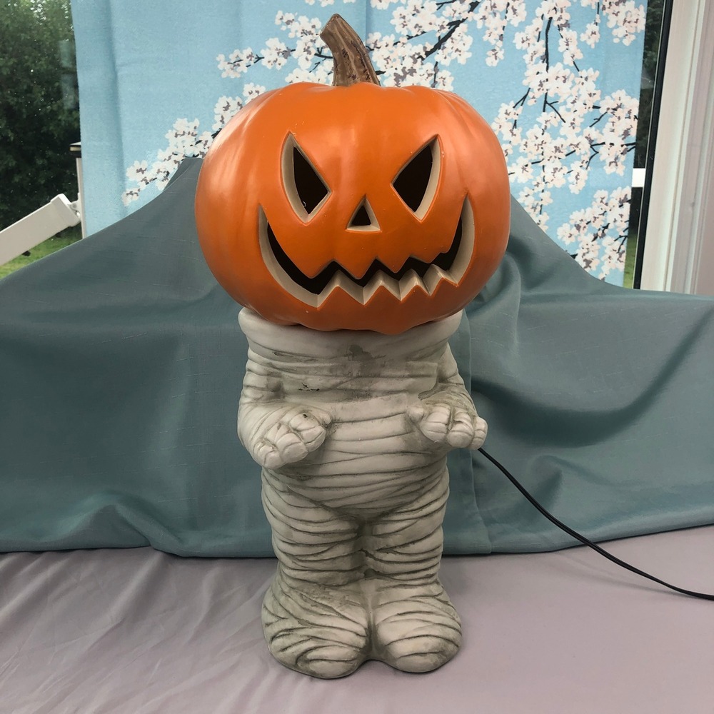 Holiday Living Blow Mold Halloween Light Up 20" Pumpkin with Mummy Base Stand